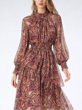 🆕 Gilner Farrar Paisley Maxi Dress Boho Long Sleeve Smocked Waist Flowy Size S